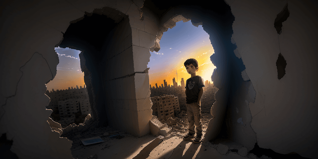 AI generated: Create an emotionally impactful image of a young Palestinian boy, around 8-10 years old, peering out...