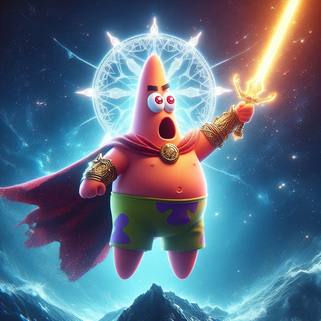 AI generated: Patricio Estrella is the mightiest god using his sword, red eyes, heroic pose, divine and celestial ...
