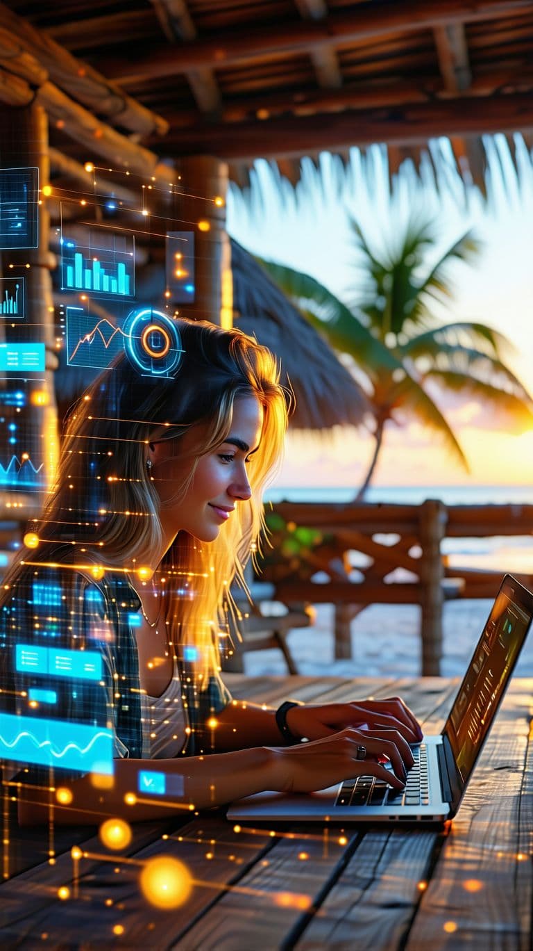AI generated: A young professional woman working remotely from a beachside wooden hut, laptop open, tropical sunse...