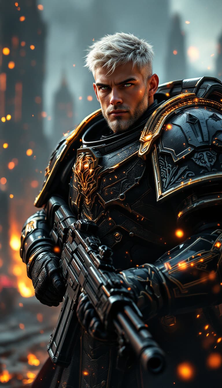 AI generated: A dynamic angle, full-body view, realistic portrait of a male space marine, clad in an epic suit of ...