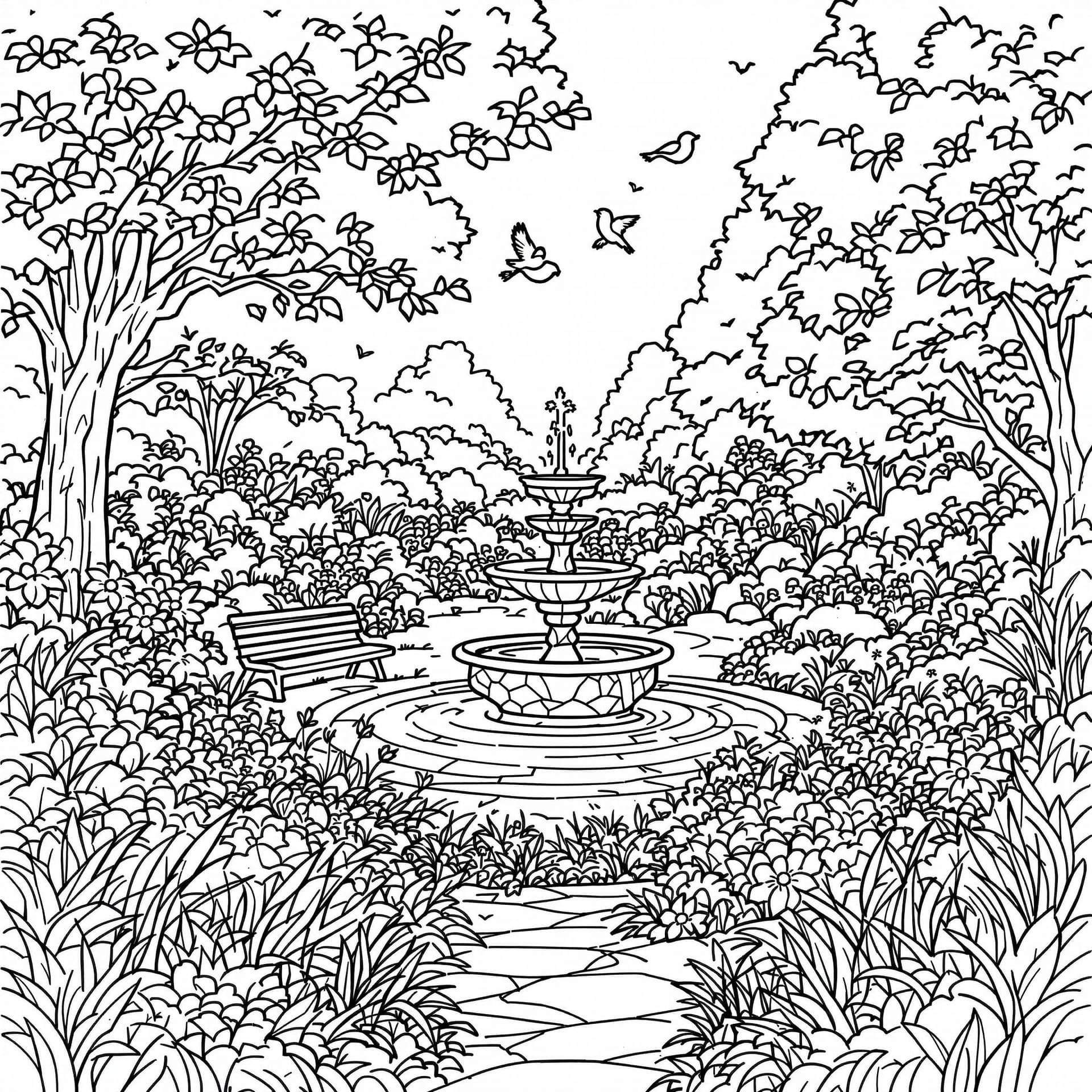 AI generated: High-resolution black-and-white line drawing of a beautiful garden: full of flowers and birds Includ...