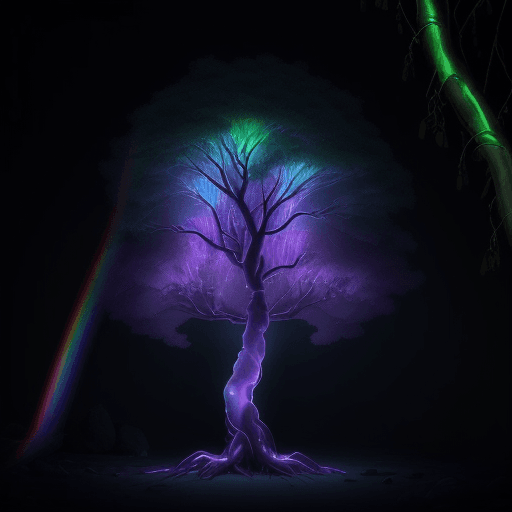AI generated: A translucent, neon-glowing tree with an unearthly rainbow aura, located on a dark, ominous backgrou...
