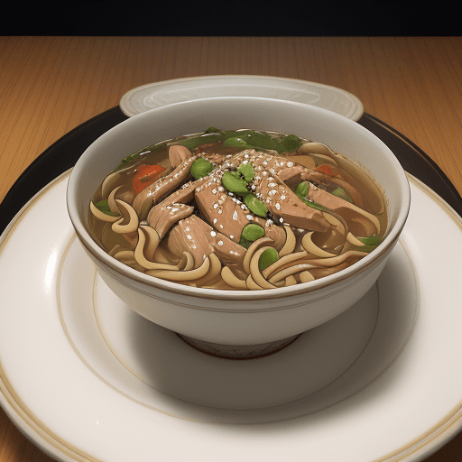 AI generated: masterpiece, high quality, best quality, Teriyaki Chicken Noodle Soup, deep plate, foodphoto, <lora:...