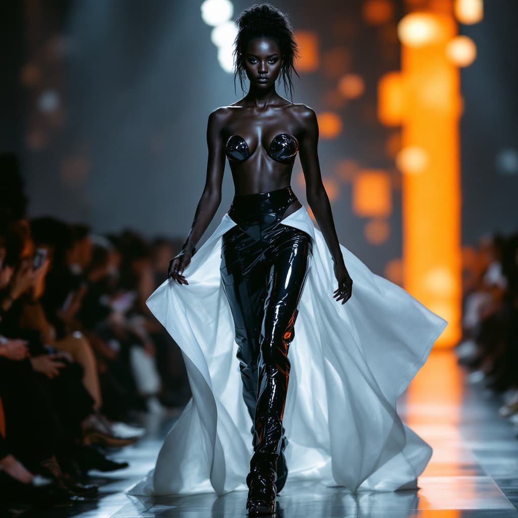 AI generated: Realistic photo of a BLACK model in avant-garde fashion, futuristic, bold, high fashion runway.

