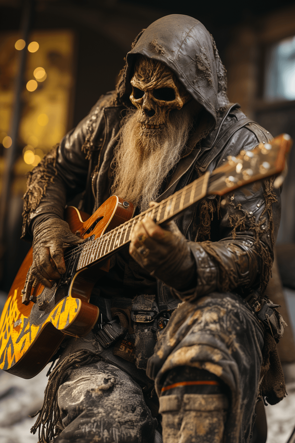 AI generated: Album coverart, scary horrific demonic character , he looks like the Grimm Reaper, playin electric g...
