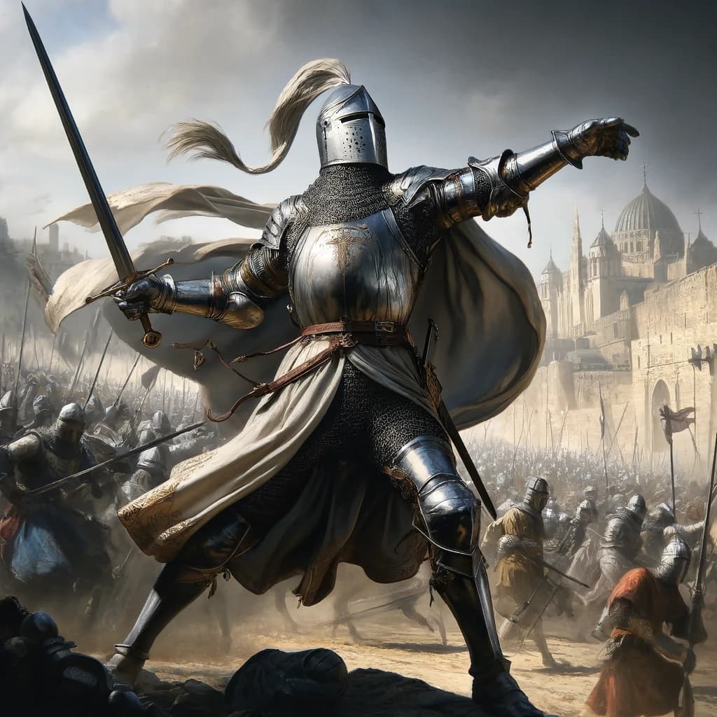 AI generated: A high-resolution, ultra-detailed scene capturing a 13th-century Crusader knight in the midst of bat...
