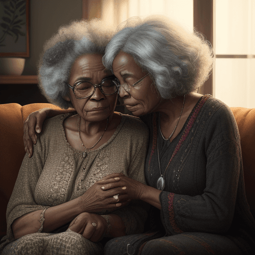 AI generated: Black old woman, 70s, seated on a cosy couch, 25-year-old daughter, whispering, intimate moment, rea...