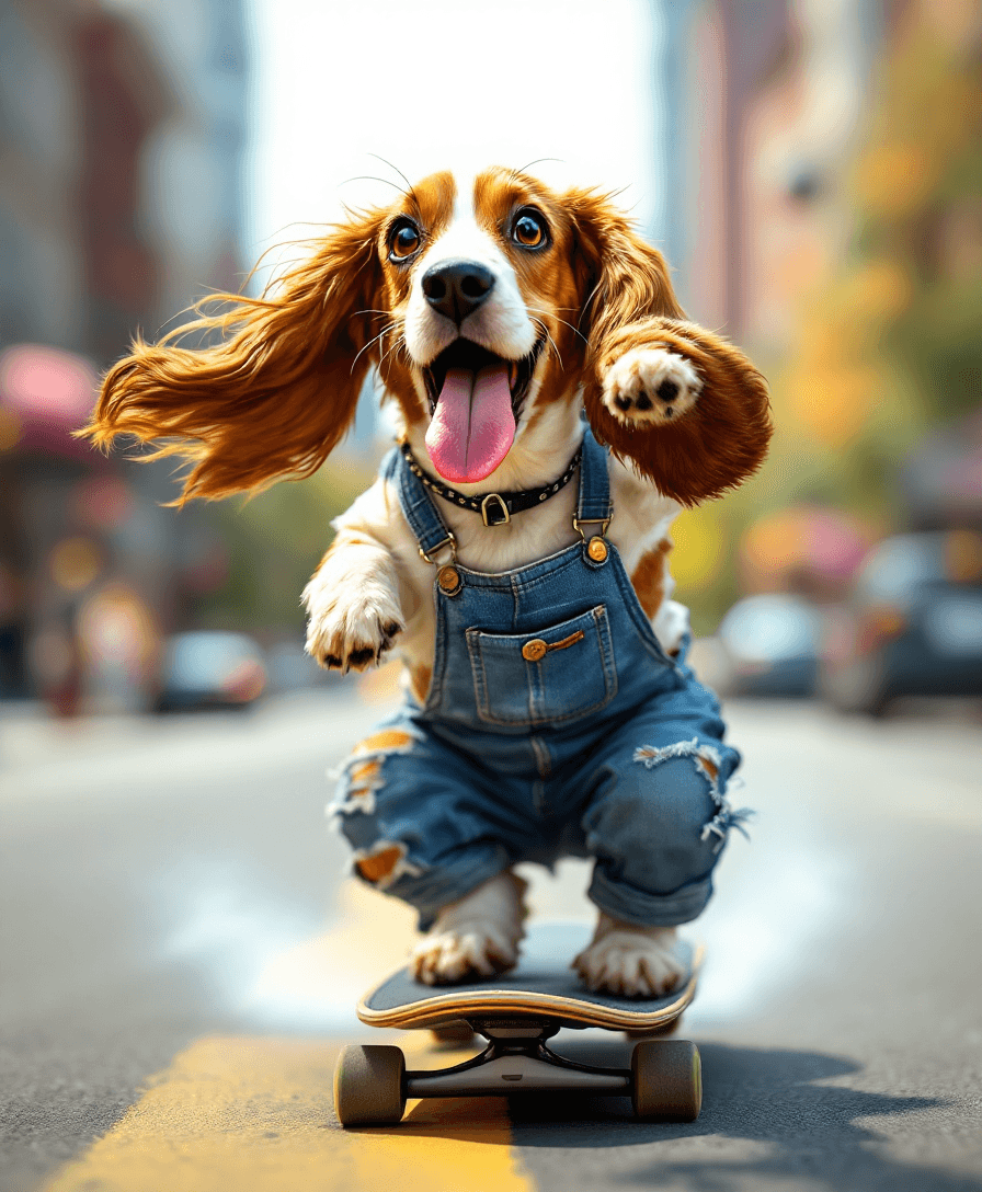 AI generated: A Cute Basset hound with Floppy Ears blowing in the breeze as he is Riding a Skateboard down the mid...