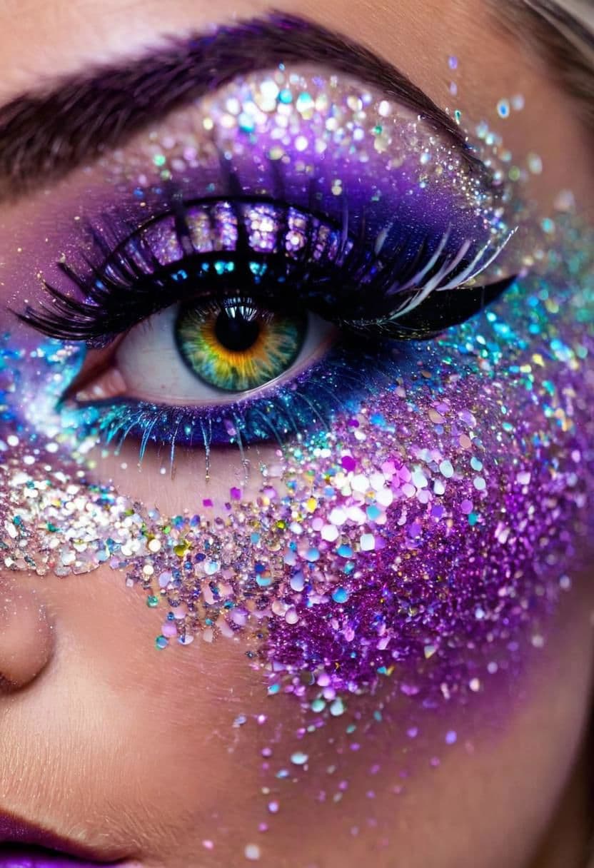 AI generated: Zoom closeup macro photo, contrast, close up of woman's eye, iridescent, heavy makeup, lashes, (powd...