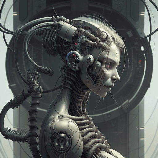 AI generated: A woman is connected to a mechanical machine.she is connected to it with cables and wires.she is a c...