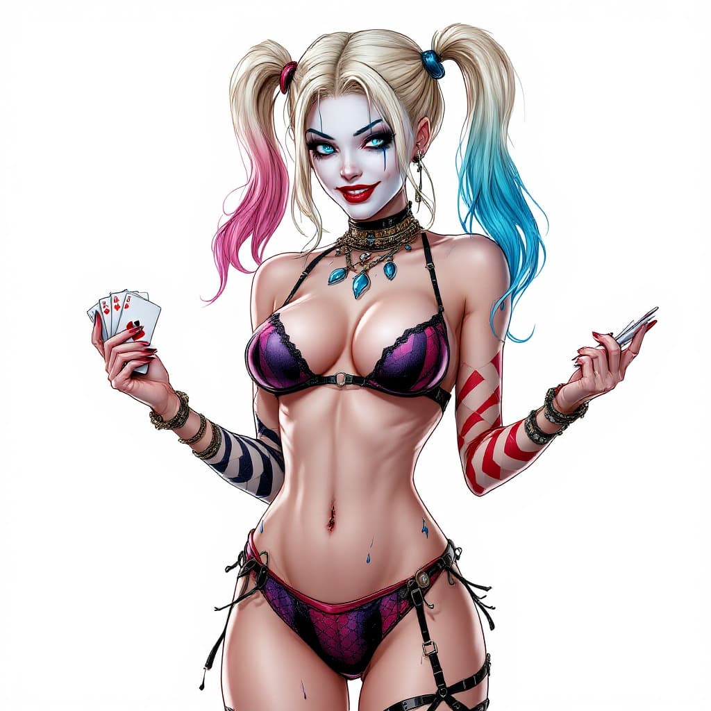 AI generated: Harley Quinn full body long shot,  with crystal blue eyes, pretty face,  sexy pose in  her  original...
