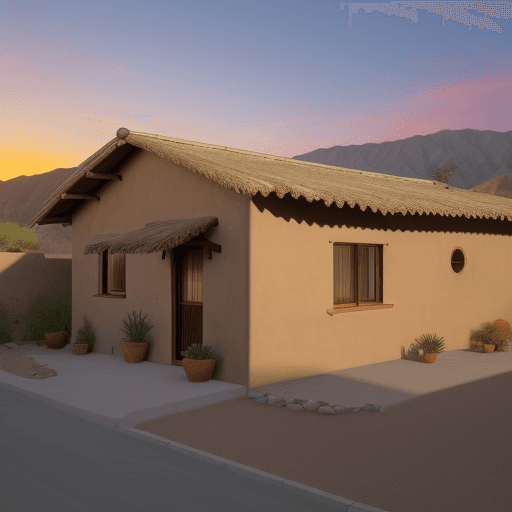 AI generated: single level adobe house, sun setting in background