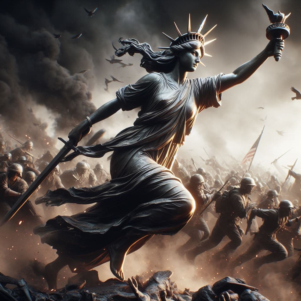 AI generated: a hyper-realistic 'Liberty Leading the People.' character design, smoke , photorealistic , octane re...