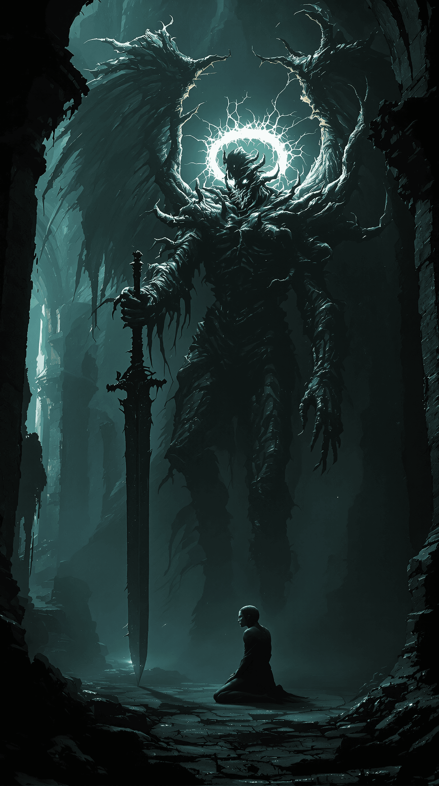 AI generated: A **dark and macabre portrait**, depicting a **side-view of a twisted, abominable angel**, standing ...