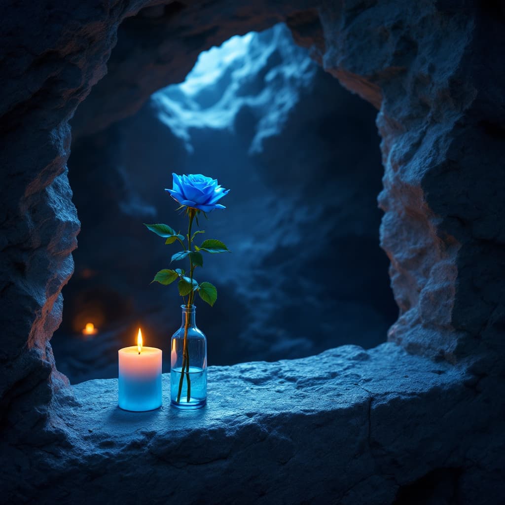 AI generated: A single blue rose in a clear vase sits upon a ledge in a cave that is illuminated by candle light