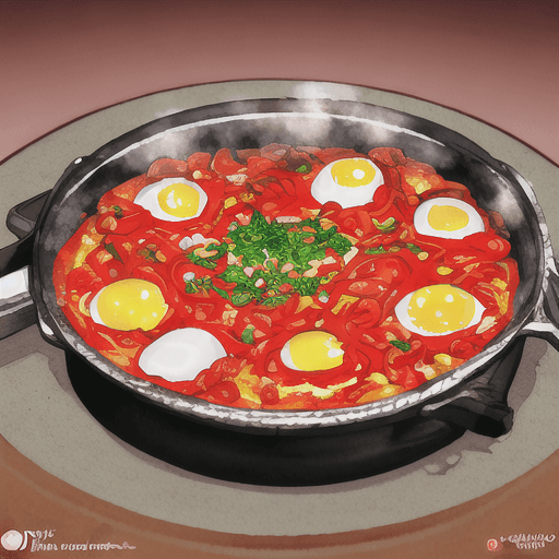 AI generated: photo of a Shakshuka in a copper pan with baked eggs in a tomato sauce, containing tomato, peppers, ...