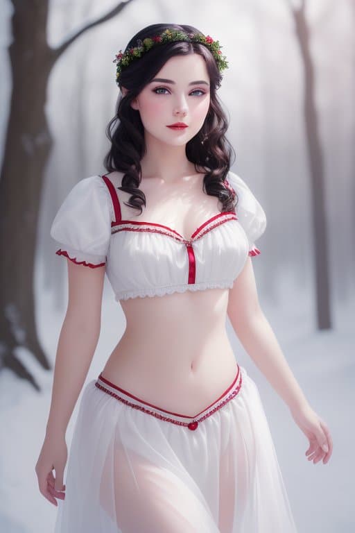 AI generated: woman dressed as snow white, natural makeup, flirting, dreamy background, (((full body visible))), l...