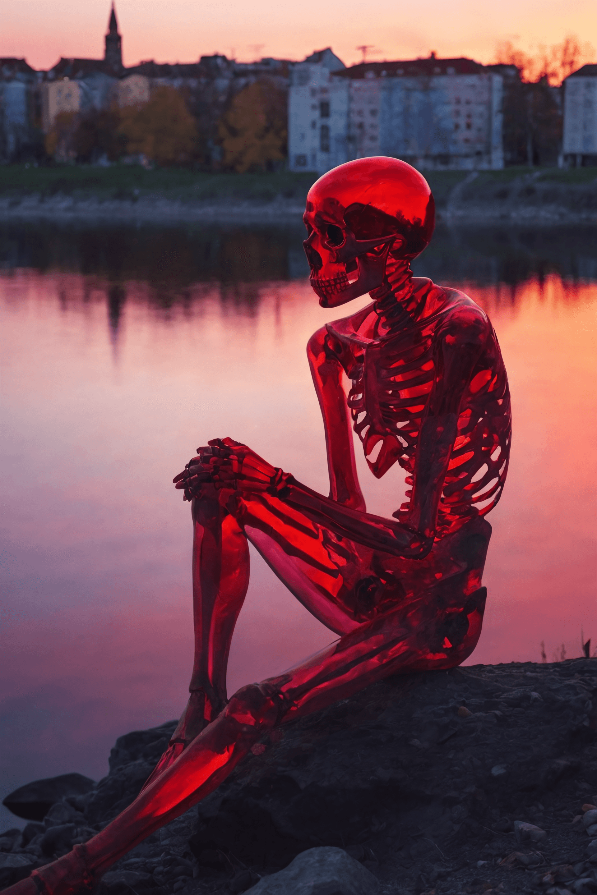 AI generated: a sad Skeleton, in the style of prismatic portraits, red, dadaist photomontage, river at Dusk, gothi...