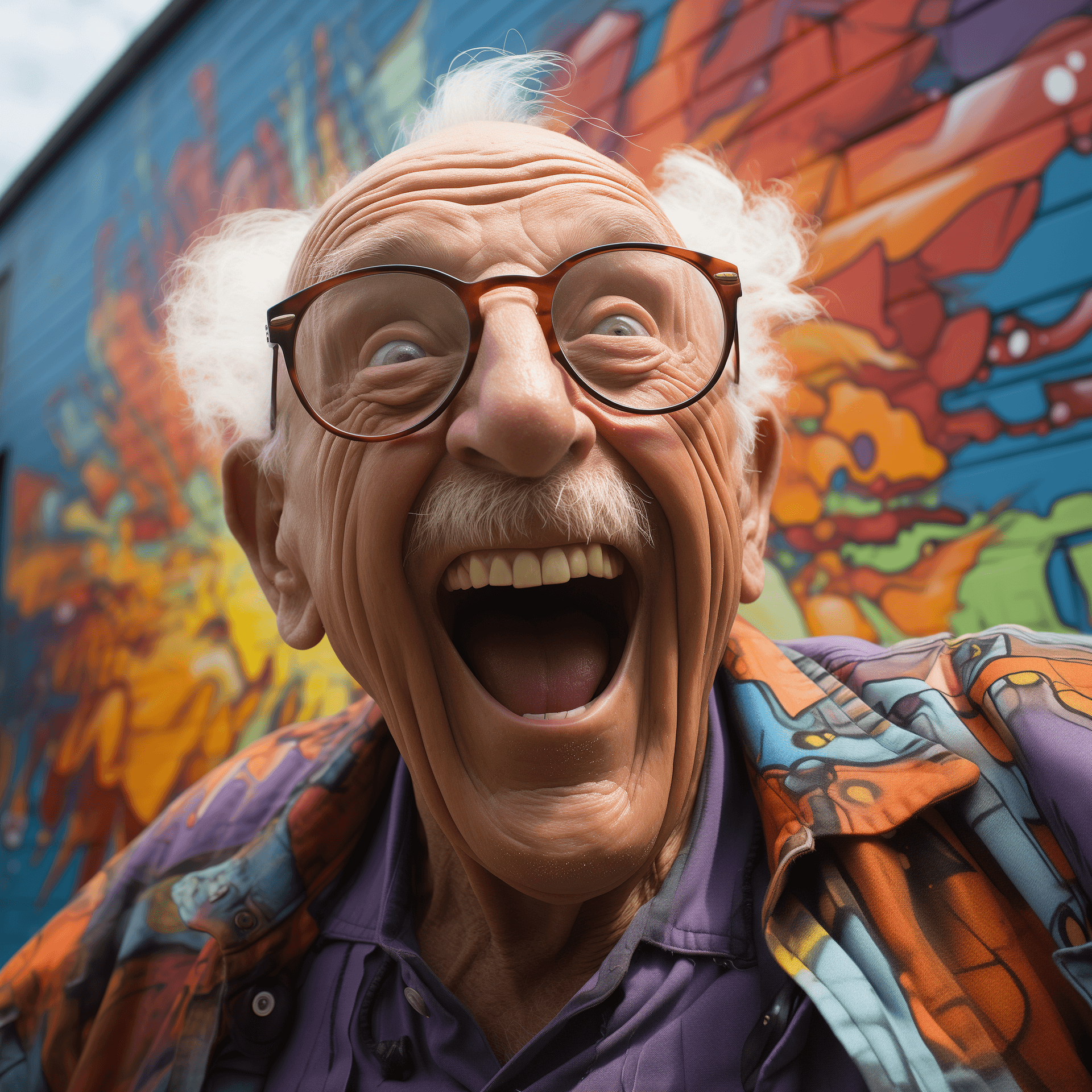 AI generated: a portrait filled with joy and vitality, capturing the face of an elderly man with a wide, exuberant...