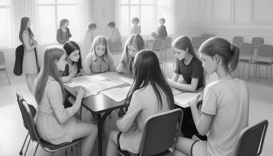 AI generated: in the style of realistic hyper-detailed, 7 teenagers boyі and girlі are sitting on chairs facing ea...