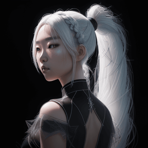 AI generated: (stained glass dress:1. 5), blacklight, (beautiful young Korean woman, with white hair in a braided ...
