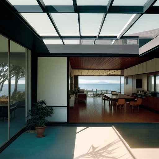 AI generated: Hyper realistic eye level exterior photo of a mid century modern style house overlooking the ocean, ...