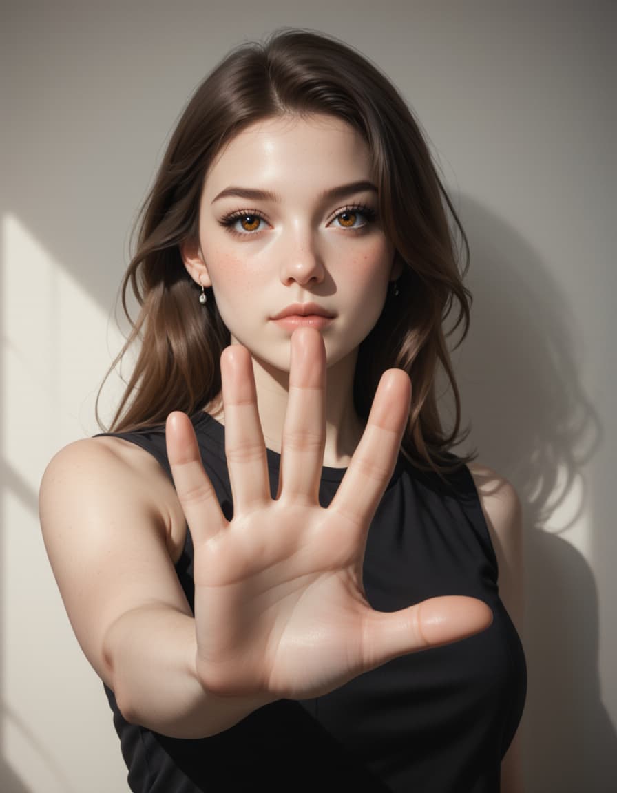 AI generated: A realistic photo of a woman standing with her hand open facing the camera (stop sign with hand), na...