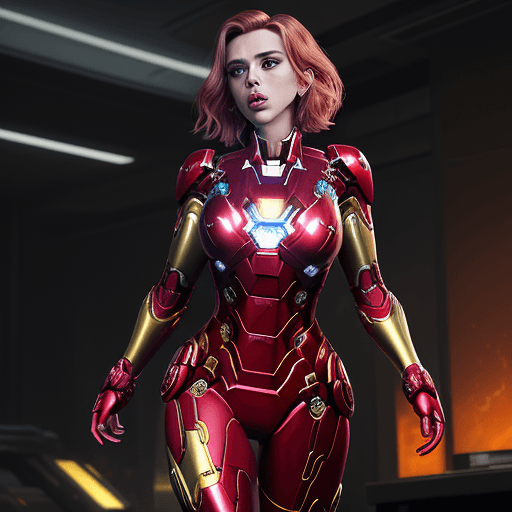 AI generated: scarlett johansson, ((wearing an iron man bikini)), metallic red and gold, (((in a sexy pose))), set...