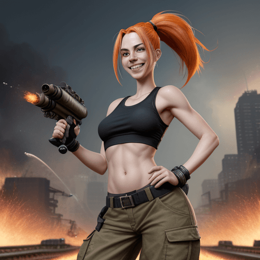 AI generated: Jinx, explosions behind her, fire, chaos, minigun, far view, a woman, fit, beautiful, slender, natur...
