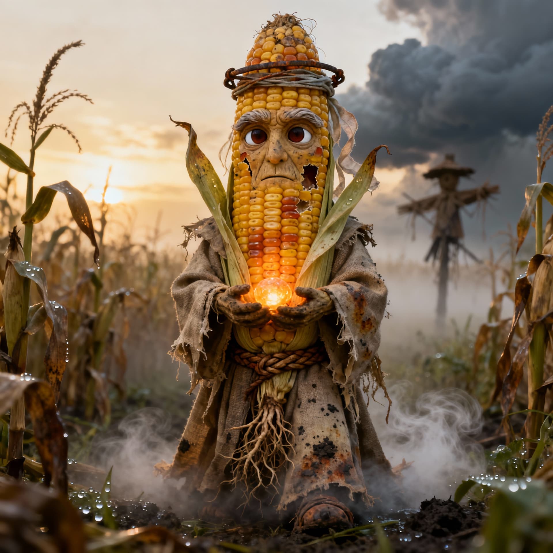 AI generated: “Hyperrealistic miniature corn mage, knee-high, standing in a misty field at dawn, surrounded by wit...