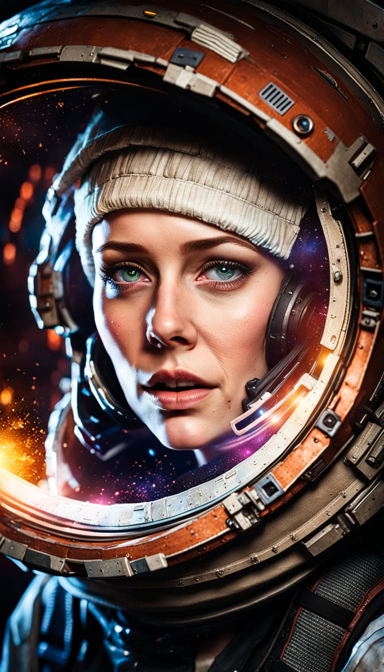 AI generated: 200mm grunge detailed portrait photo by Hugo Ceneviva, girl in a space suit and helmet entering a sp...