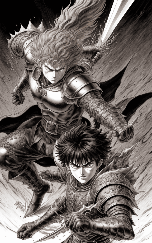 AI generated: monochrome, a man with big eyes, brown hair with tuft, in golden armor, manga, ((without helmet)), b...