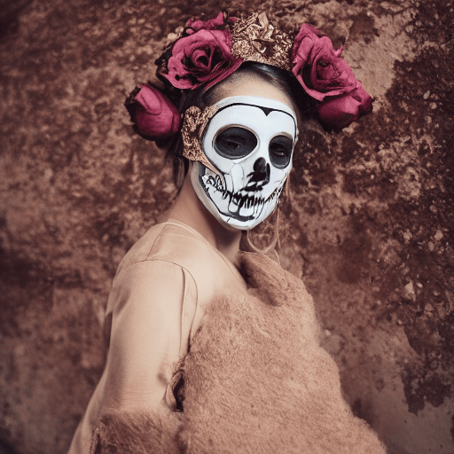 AI generated: photo portrait of a woman wearing a skull and bone mask, in the style of rose gold and white, lookin...