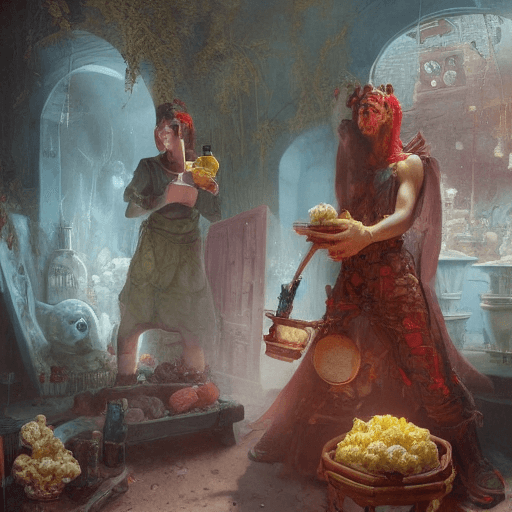 AI generated: potent potions apothecary, roadside popcorn monster,  by tom bagshaw as ruan jia  as lemonade guns, ...
