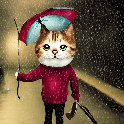 AI generated: Cute cat traveling in the city, with smile, wearing rain clothes, raining outside, fantasy, creative...