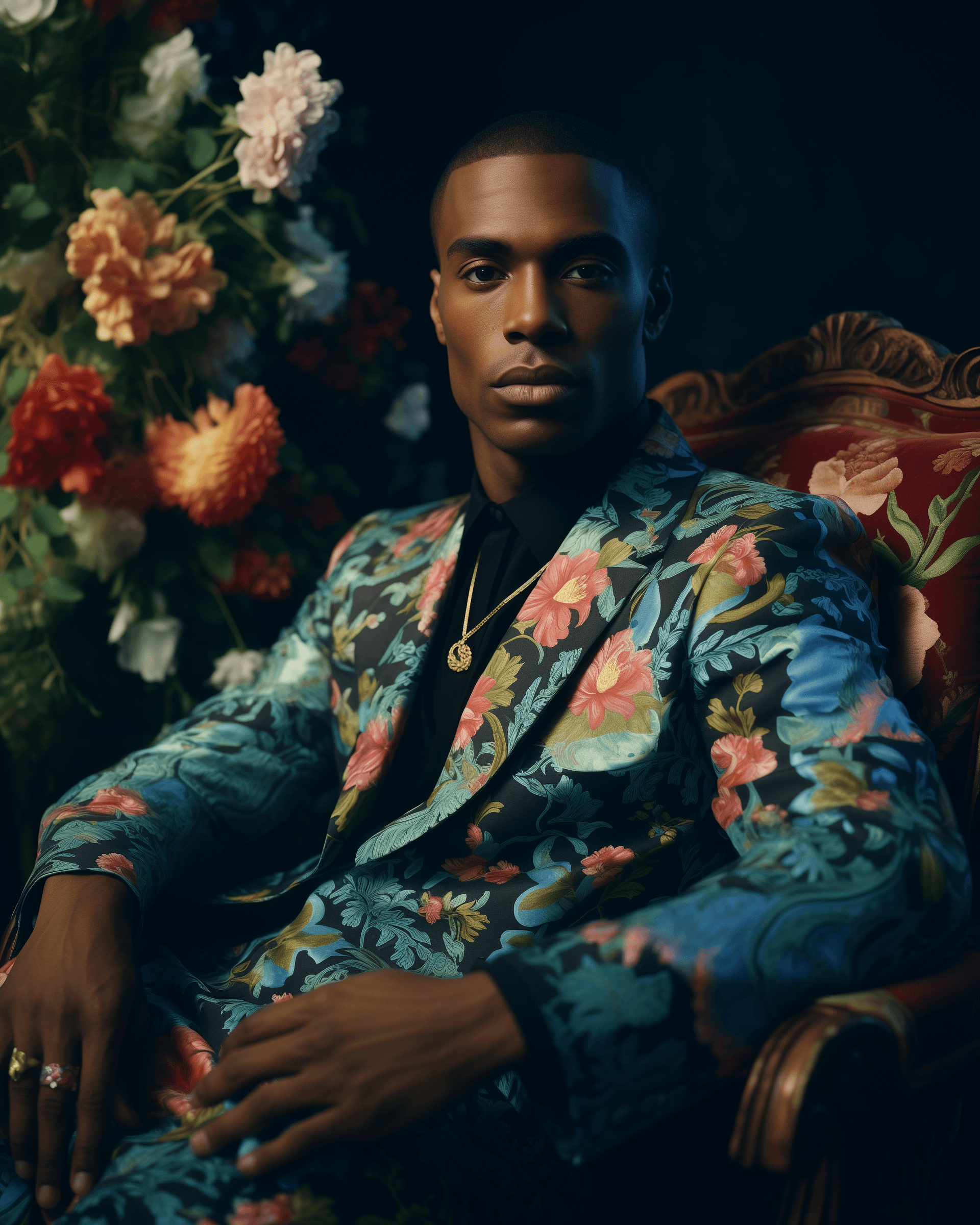 AI generated: Close up portrait of a black man sitting on an armchair, wearing silk pajamas in a richly patterned ...