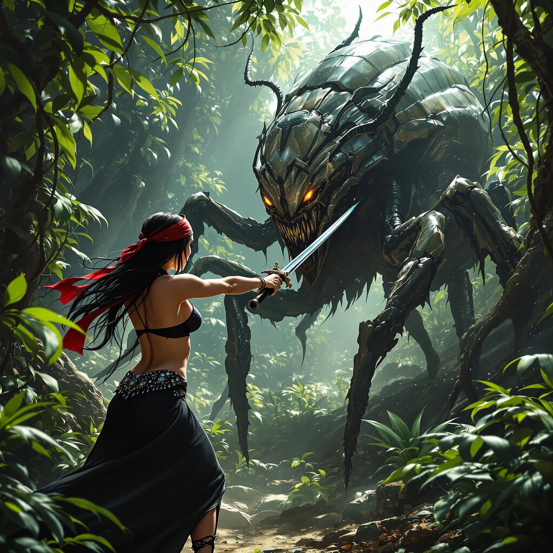 AI generated: A photorealistic and detailed scene of a woman, long black hair, red bandana, black bejeweled bra, a...