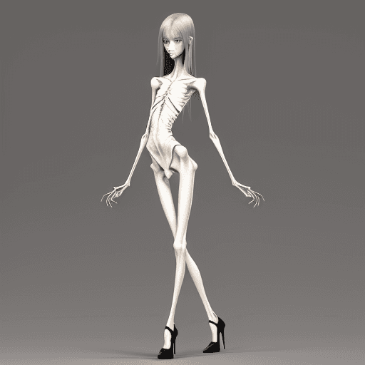 AI generated: a needle-thin anorexic girl with skinny long legs and long skinny calves in high heels with long hoo...