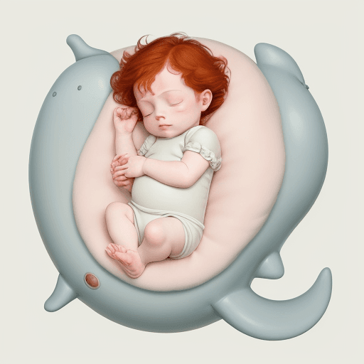 AI generated: A tender baby with soft reddish hair, asleep on a whale traveling over the sea, in the style of Feli...