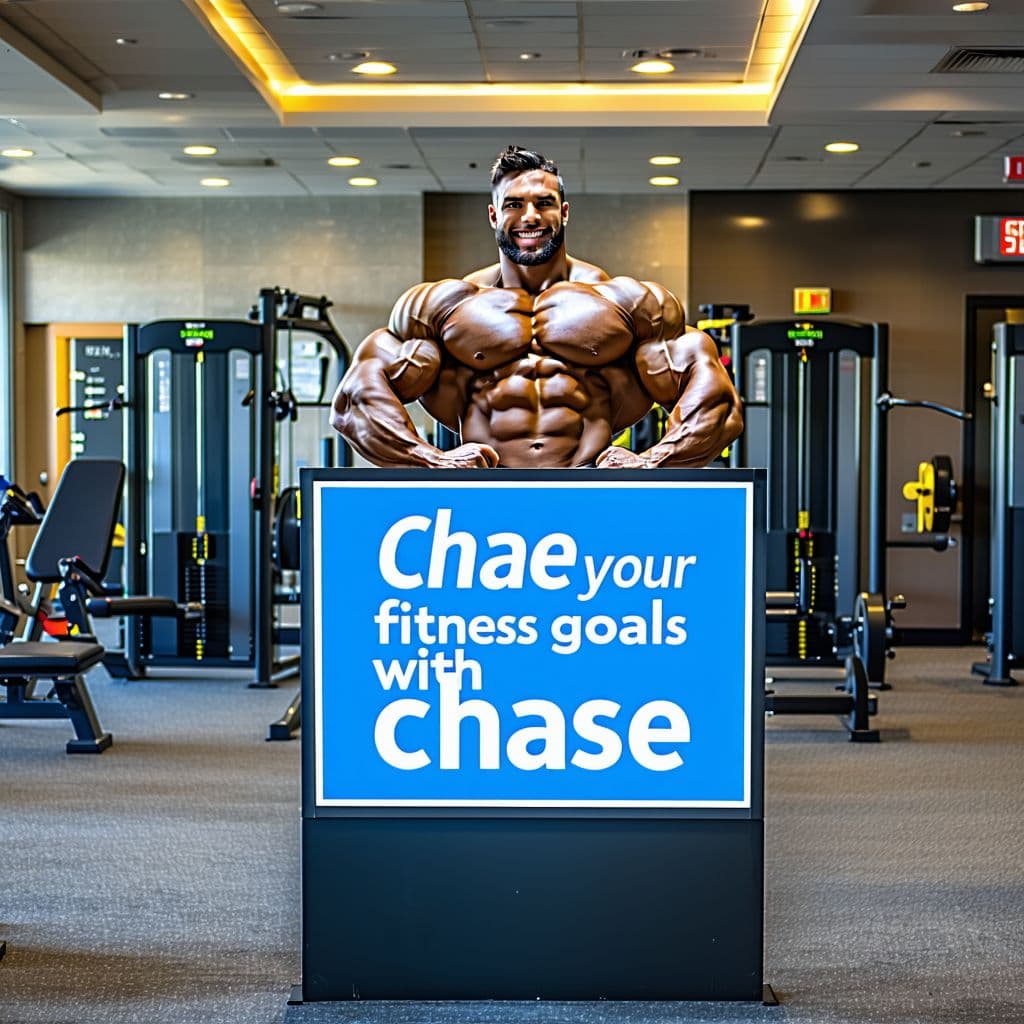 AI generated: a sign with a big body builder flexing his muscles that says chase your fitness goals with chase, in...