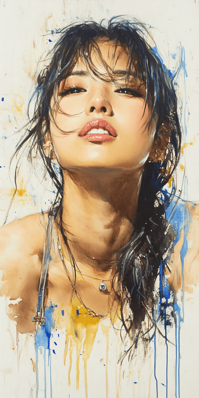 AI generated: ink painting of a Korean woman, 25-30 years old, Asian beauty standards --chaos 30 --ar 1:2 --person...