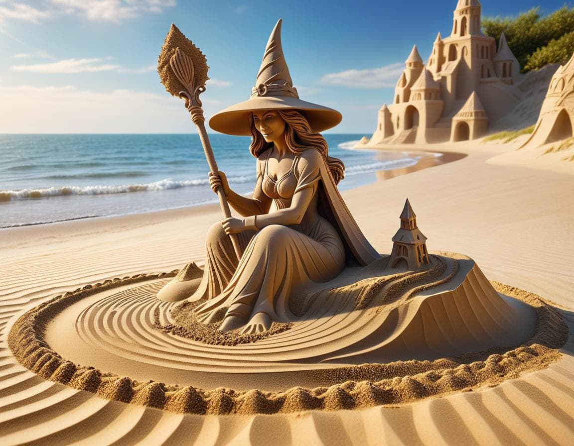 AI generated: ( made of sand full body "witch" sand sculpture on the beach, holding a staff, sunny magical backgro...