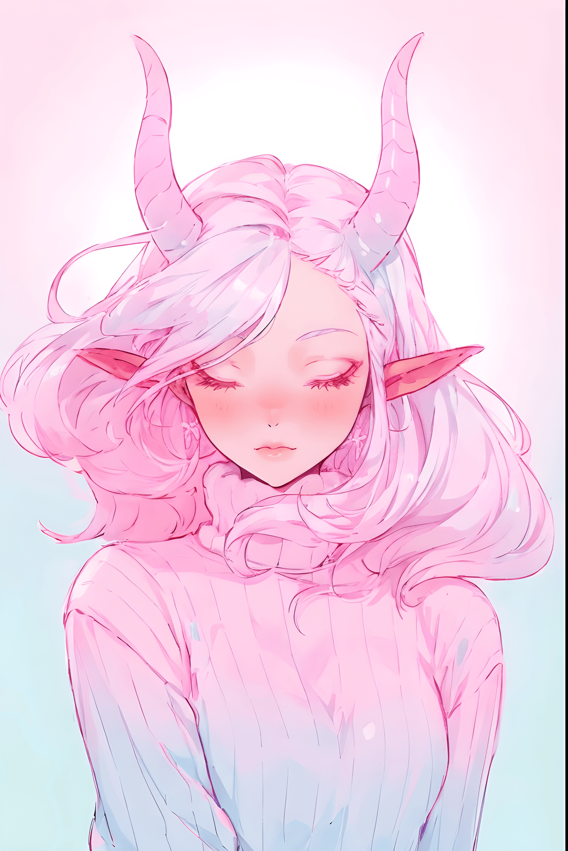 AI generated: a drawing of a girl with horns on her head, trending on deviantart, furry art, pastel pink skin tone...