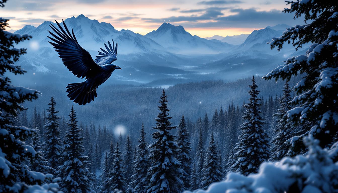 AI generated: A curved black crow soaring across the sky, overlooking the forest canopy above a vast, snow-covered...