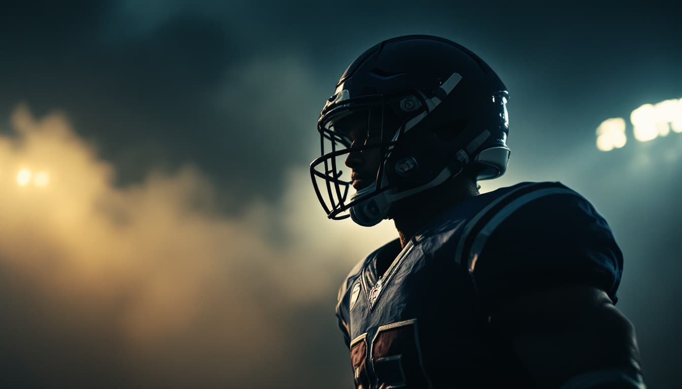 AI generated: American football player, dramatic lighting, stadium lights, fog, intense atmosphere, silhouette, he...