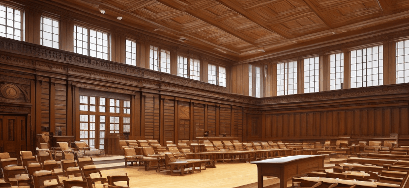 AI generated: High resolution photography interior design, official court room, wooden floor, small windows openin...