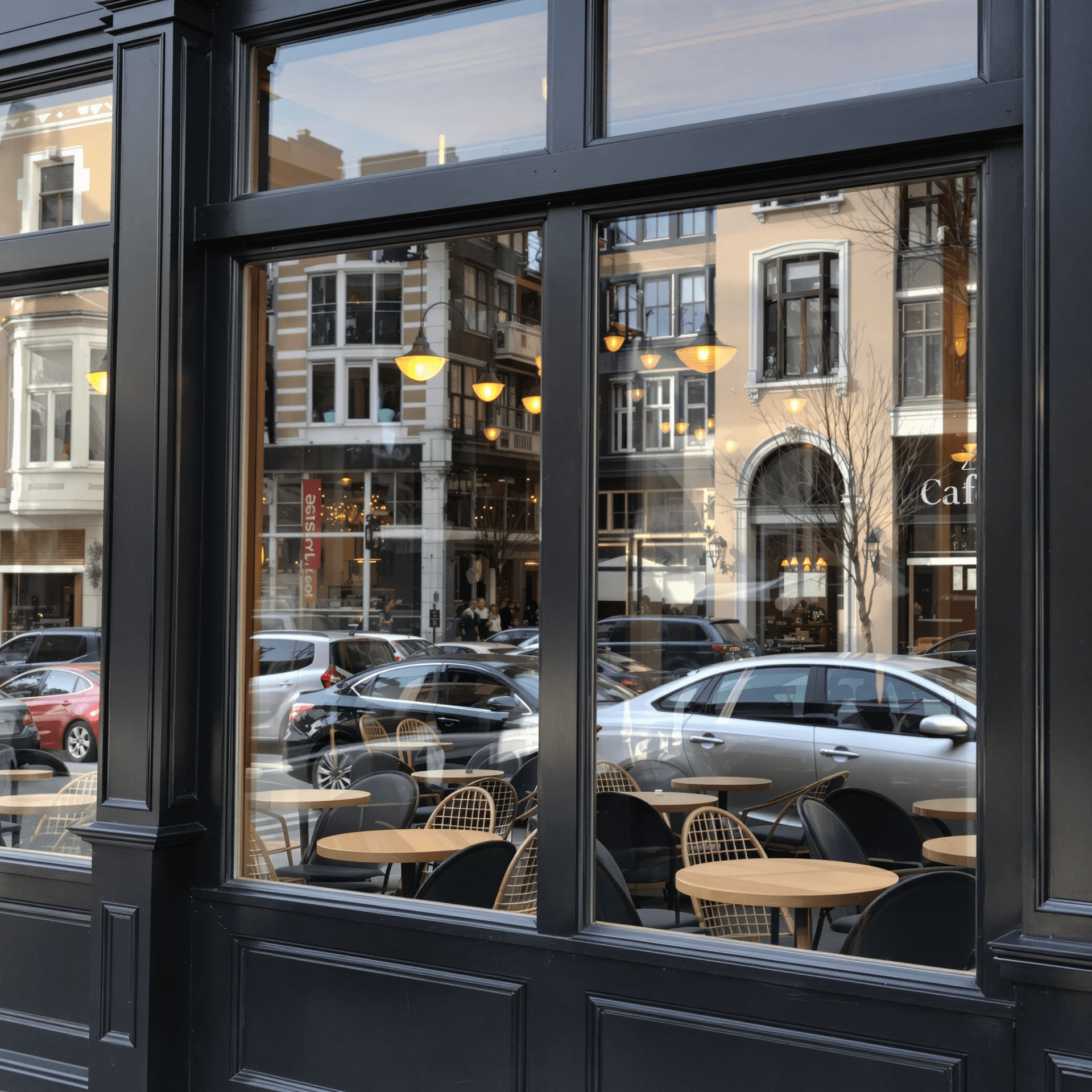 AI generated: the facade of the cafe is black. with large windows and wood trim. Moving cars reflected through the...