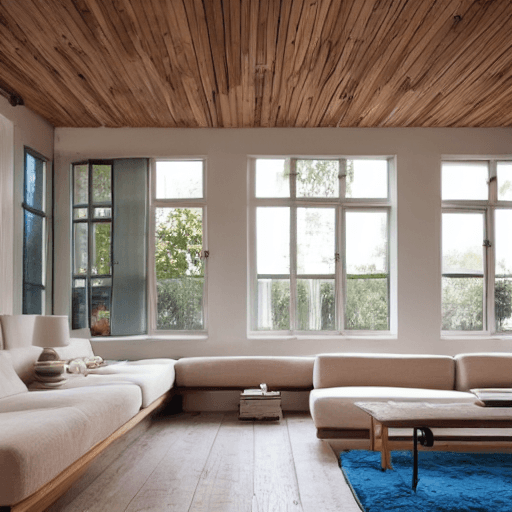 AI generated: high resolution photography interior design, dreamy sunken living room conversation pit, wooden floo...