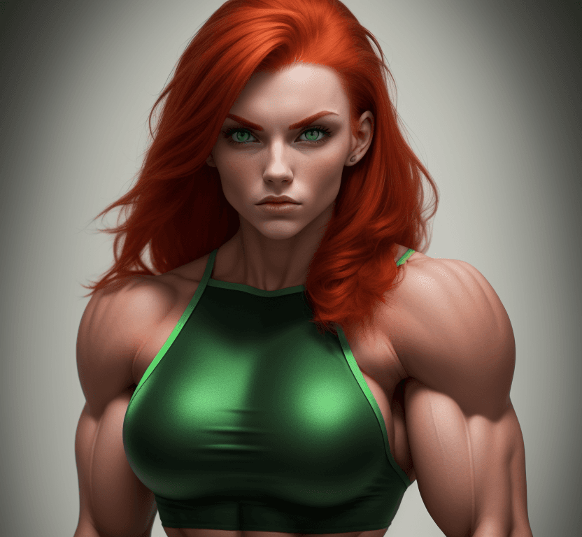 AI generated: 1 young beautiful bodybuilder woman with a wide strong jaw, red hair, green eyes, SFW,