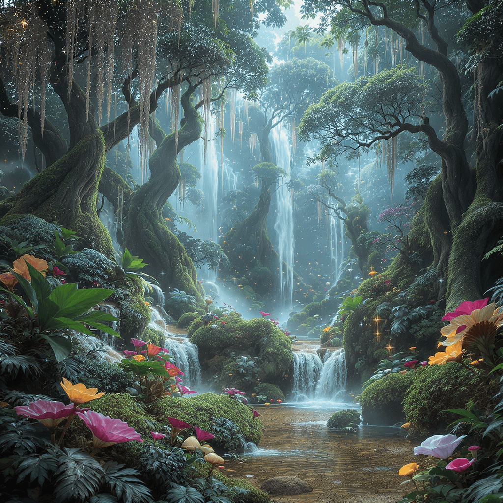 AI generated: a lush tropical rainforest in daylight, shimmering with magical light particles, oversized vibrant f...